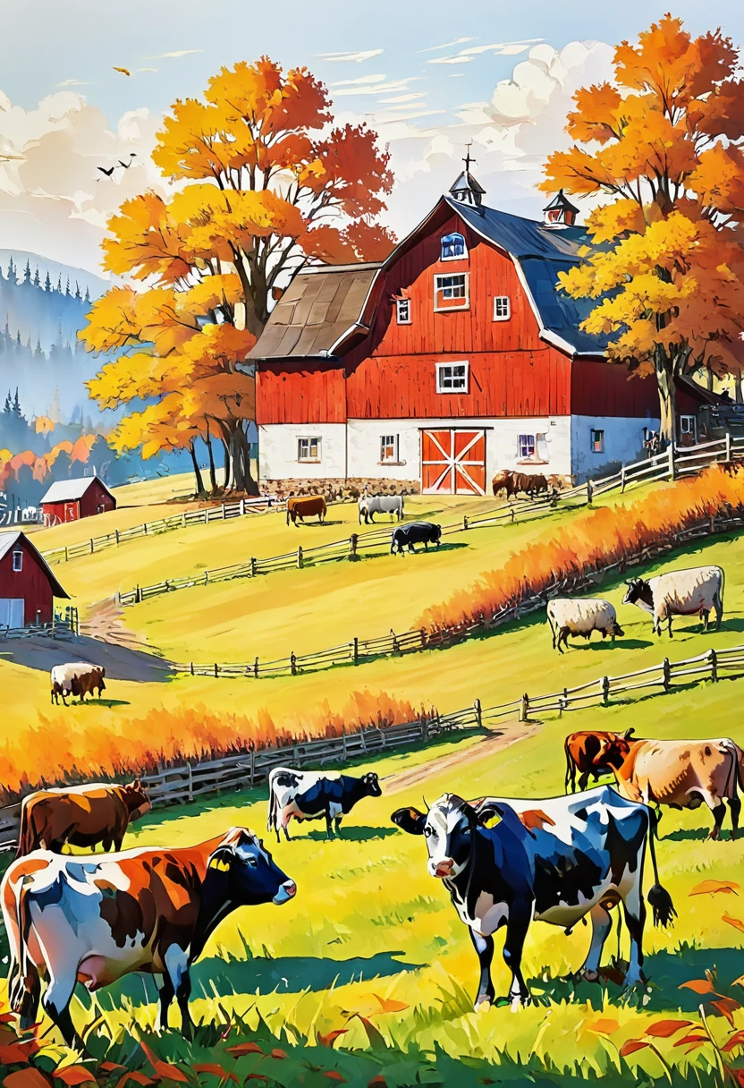 Fall Farm， There are cows and sheep in front of the barn，Colored painting，HD，White background，8K，超HD画质，Masterpiece，Natural texture，Elegant and clear lines，