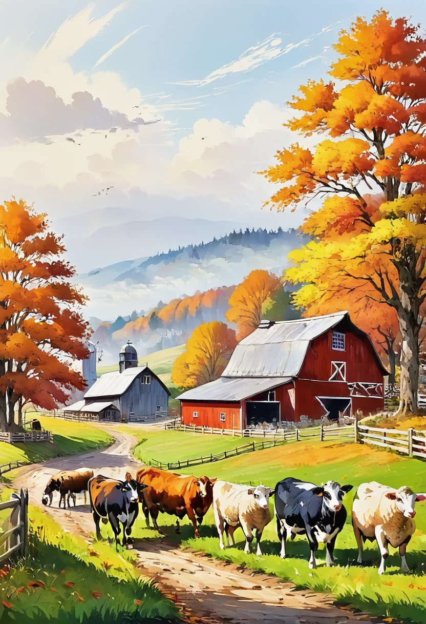 Fall Farm， There are cows and sheep in front of the barn，Colored painting，HD，White background，8K，超HD画质，Masterpiece，Natural texture，Elegant and clear lines，