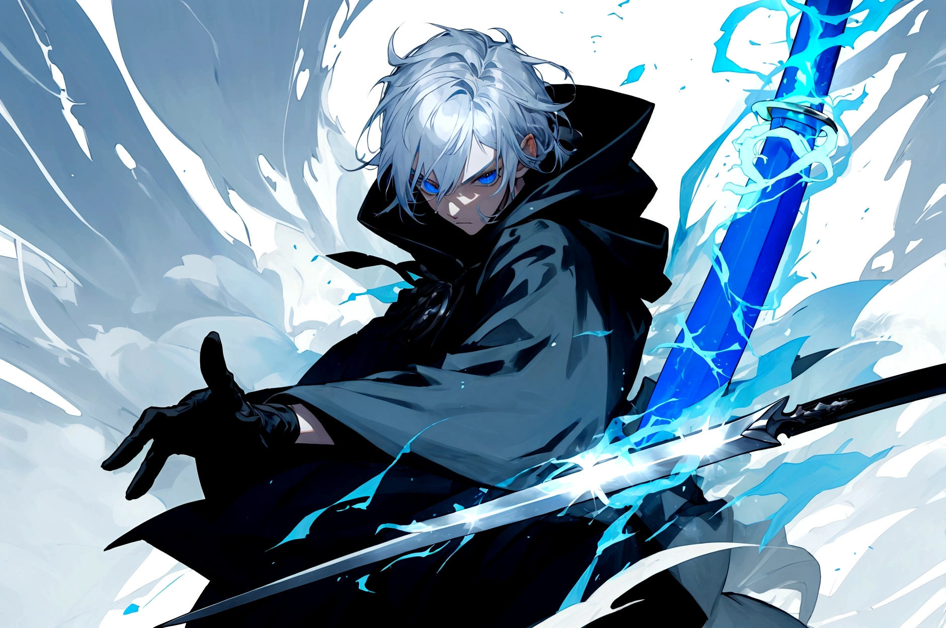 Sorcerer Divine Soul man, he has a silver hair and blue eyes, he wear a hood and wear gloves , hold sword with hand.