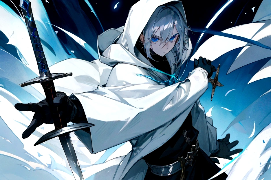 Sorcerer Divine Soul man, he has a silver hair and blue eyes, he wear a hood and wear gloves , hold sword with hand.
