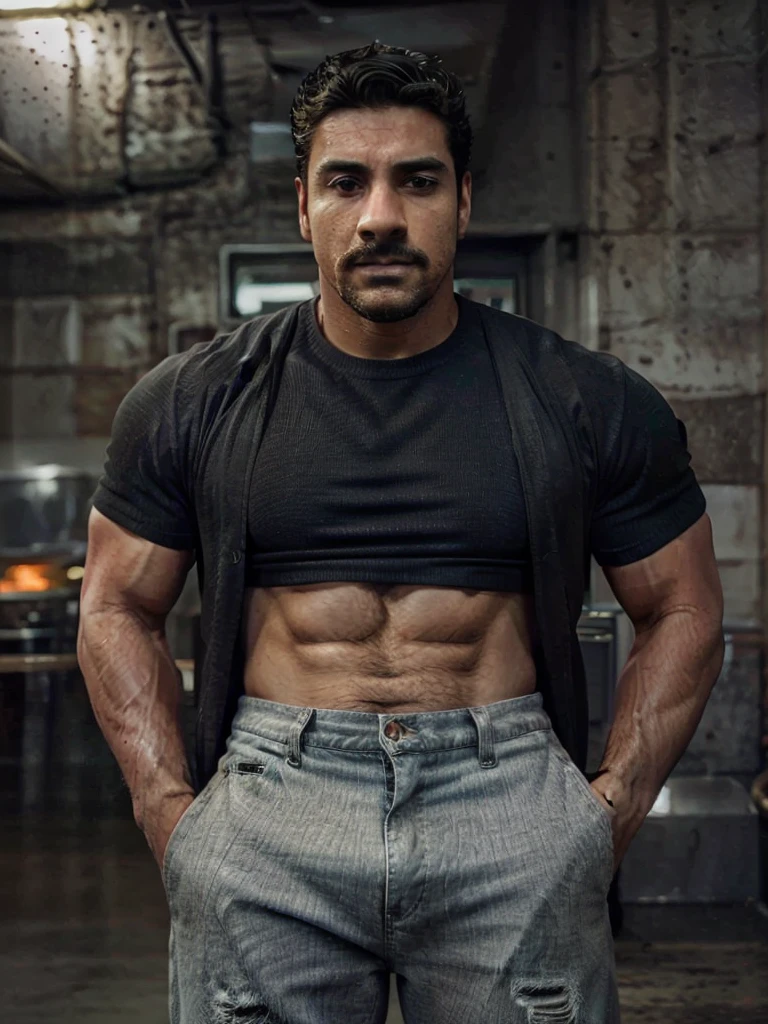 Masterpiece, Best Quality, ultra detailed, 1 man, macho male, muscular, piece, only, sportsman, beef, handsome, tanned skin, latino, 36 years old, negro hair, gray fur, goatee, too short hair, looking at the viewer, serious expression, Gray shirt, half body shot, science fiction subway background, Full body with jeans, backwards