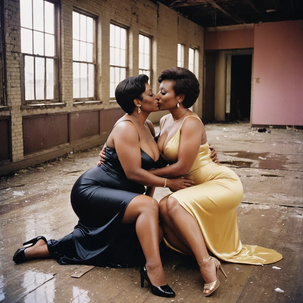 AnalogRedmAF Polaroid, 2 lesbian African american mature women with Thick thighs - tight waist and busty breasts, short hair - Kissing each other , wearing tight Satin long dress with cleavage, laying on a wet floor in an abandoned Nail Saloon (Boarded up windows)