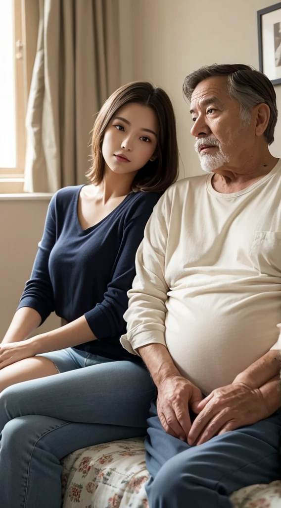 A photo of a young woman in her 20s and an old man in his 40s sitting on a bed