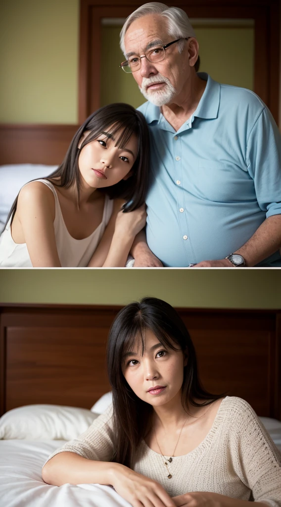 A photo of a young woman in her 20s and an old man in his 40s sitting on a bed