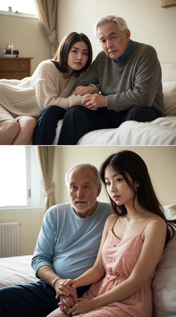 A photo of a young woman in her 20s and an old man in his 40s sitting on a bed