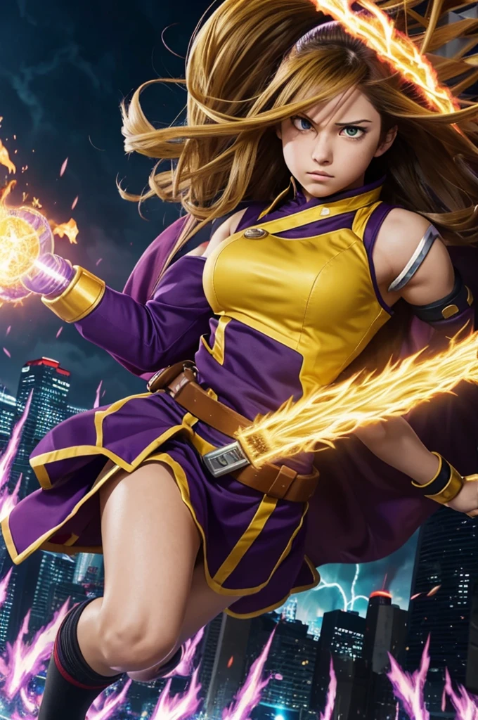 screenshot of boku no hero academia wide shot full body, beautiful woman,of long hair,YELLOW COLOR, with purple reflections,slanted eyes,purple,angry face,with purple fire and thunder in his hands,a hero costume like a purple dress with plush shoulder pads ,background of a city, subjective take.
