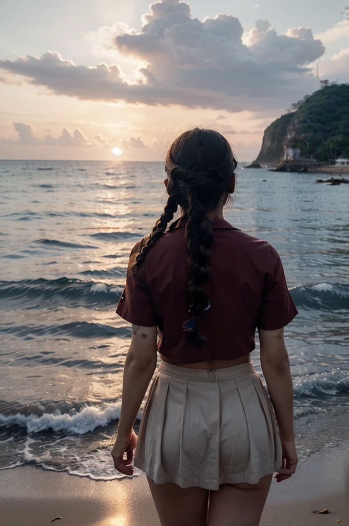 movie cinematic, 1 girl, Alone, little smile, beach, (the sun has set: 1.1), Rio_Kitagawa (idol engraving), Alone, star hair decoration, twin braids, Sparkling, from behind, looking back, the sun has set yang besar, floating red, uniform, night, waving, sea, 1 lighthouse, shallow depth of field, sketch, very detailed, high budget, bokeh, cinemascope, gloomy, epic, beautiful