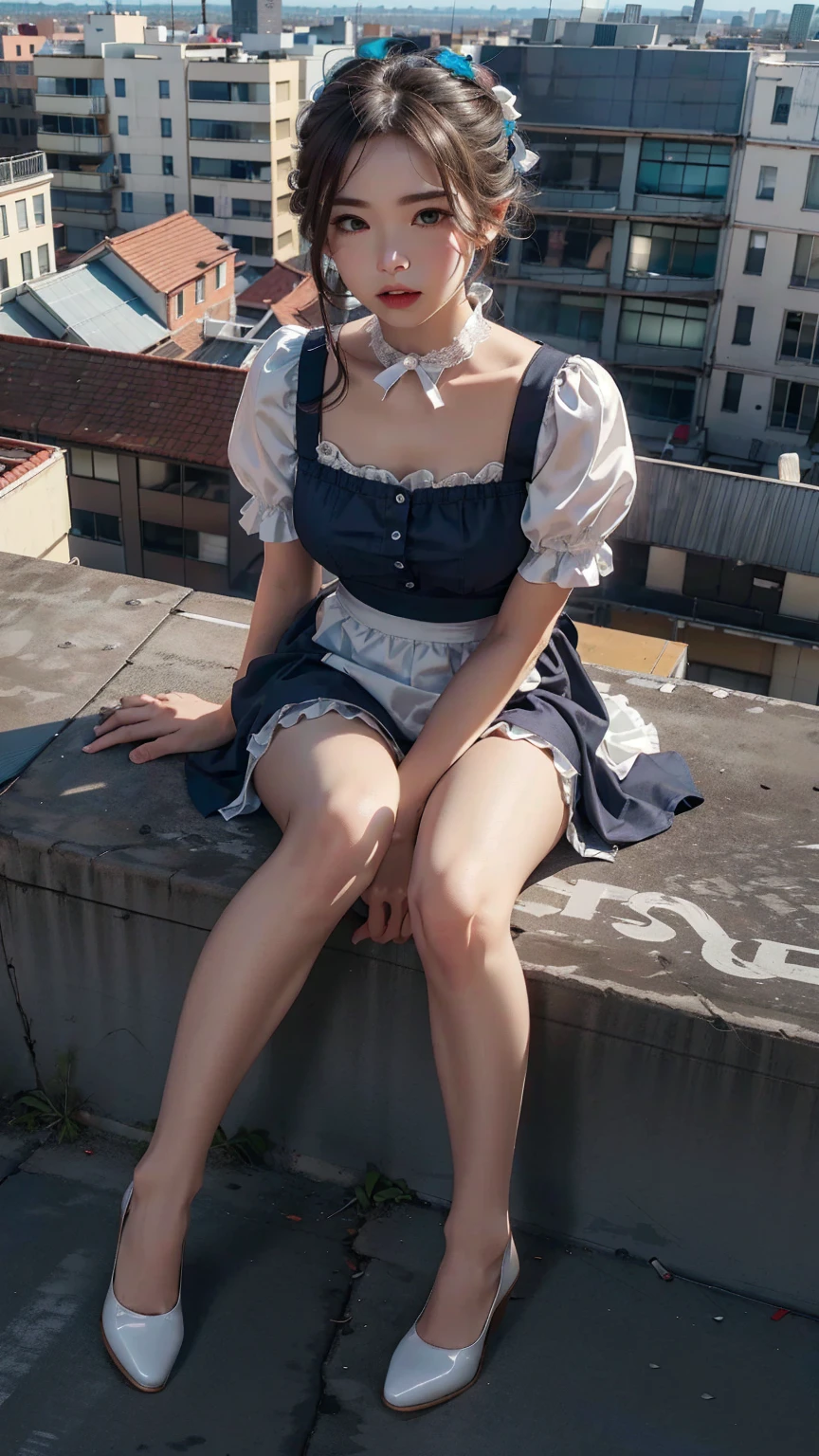 (Highest quality, masterpiece:1.2), pressure,  1 Female, Cat in the face, Super giant, Building Sheet, Make the city smaller, Depth of written boundary, High resolution, 超High resolution, 8K, Very detailed, Realistic, Sun light, Maid clothes, Ribbons, lace, frills and miniskirts,knees, Aerial perspective, aerial photograph. 5000 ft tall giantess, She is sitting on a building, She&#39;s bigger than a skyscraper.