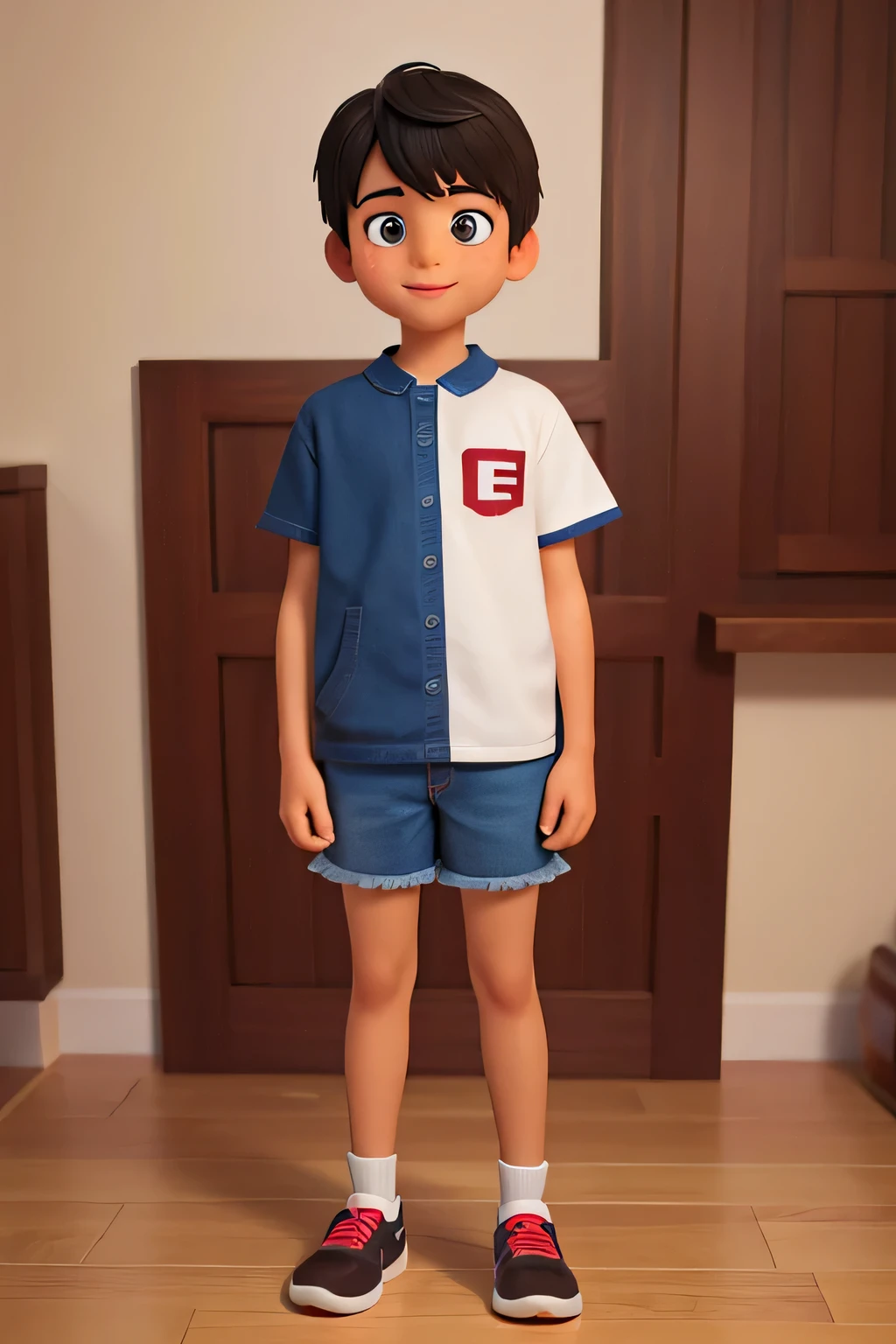 a very happy boy, in full body, , light black hair, brown eyes, blue jeans, sport jersey, sports shoes, cartoon pixart 3d style, (best quality,4k,8k,highres,masterpiece:1.2),ultra-detailed,(realistic,photorealistic,photo-realistic:1.37),vivid colors,studio lighting,extremely detailed face and body,beautiful detailed eyes,beautiful detailed lips,extremely detailed brown eyes and face,longeyelashes