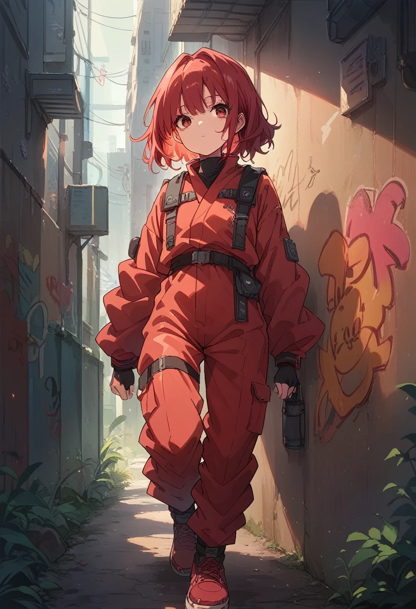 1girl, red ninja suit, hidden face, red hair, red eyes, dark alley, red graffiti, japanese led, fog