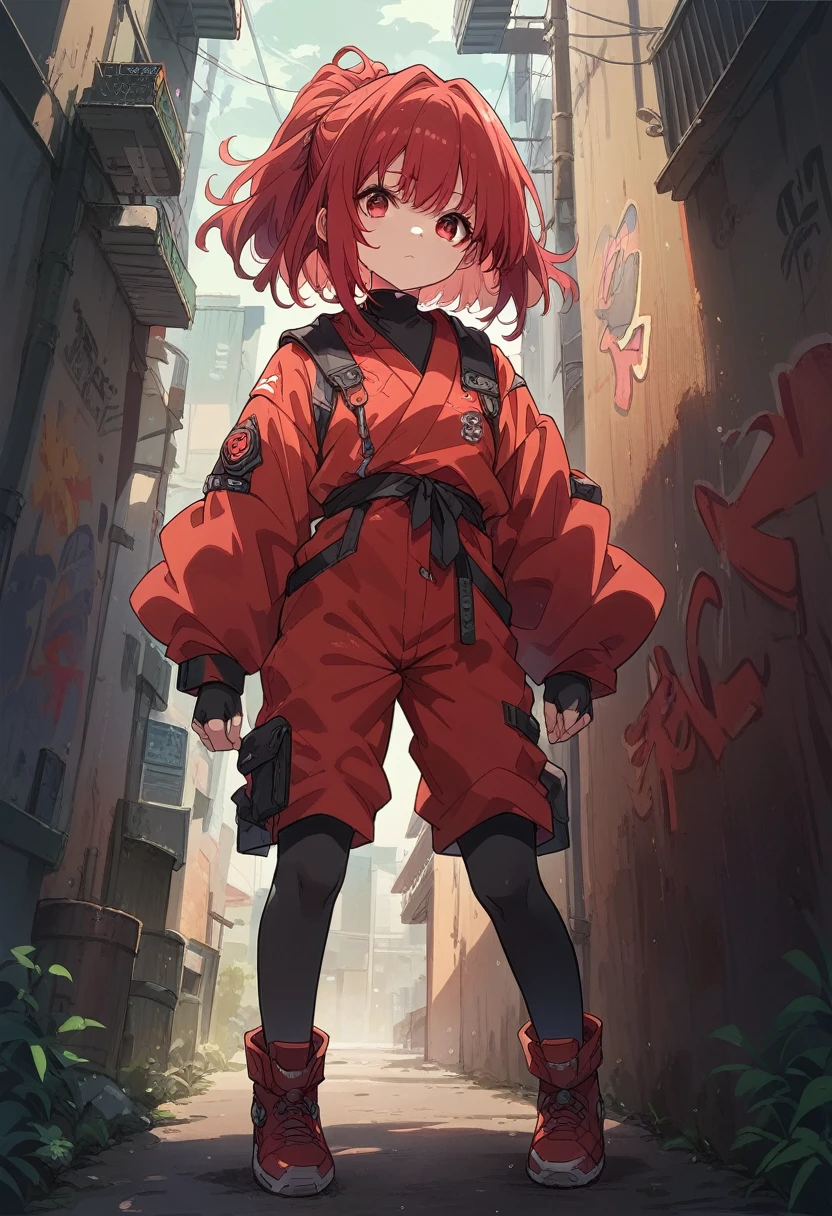 1girl, red ninja suit, hidden face, red hair, red eyes, dark alley, red graffiti, japanese led, fog