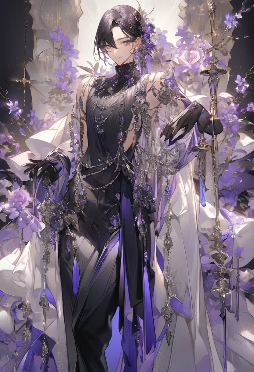 Feminine boy, soft womanish facial features, smile, squinted siren dark blue eyes without glare, silver ans dark purple long loose hair with straight bang, fantasy black clothes with blue and purple elements, long black gloves, model, gorgeous, elegant, lots of silver jewelry, flowers in his hair, skinny , hourglass figure, light lipstick, pants