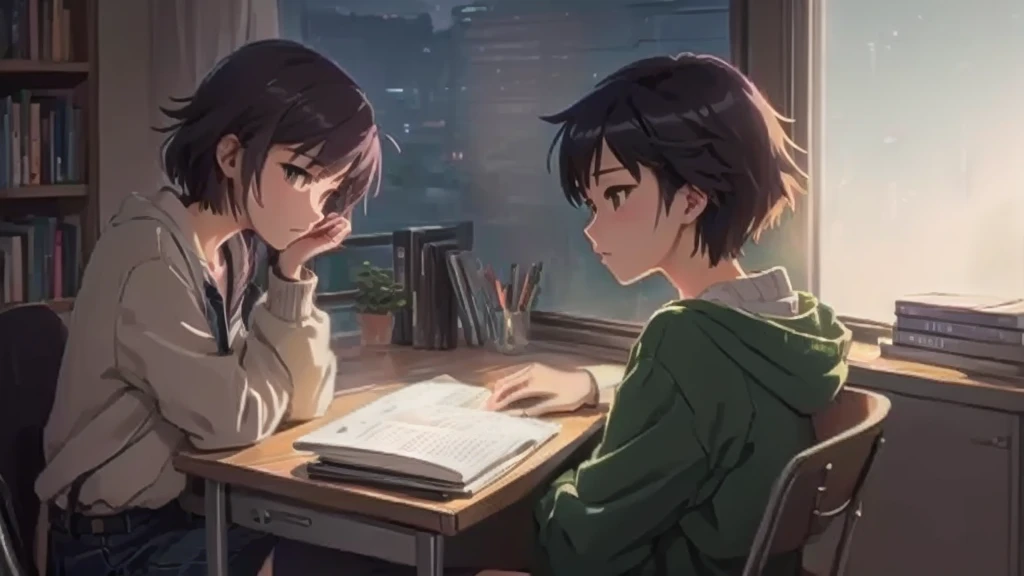 Anime girl sitting at a desk with a laptop and a book, Lo-fi art style, Anime Aesthetics, Lo-fi Girl, Anime Background Art, Studio Greeble Makoto Shinkai, Lo-fi Girl aesthetic, Makoto Shinkai style, In the style of Makoto Shinkai, ( ( makoto shinkai ) ), Relaxing environment, Makoto Shinkai&#39;s art style