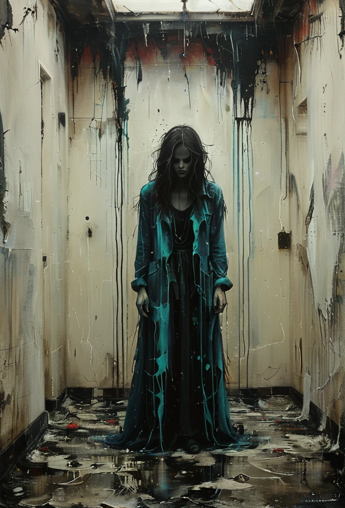 Ghostly figure drifting through abandoned halls, LED Lighting, Gorgeous splash of vibrant paint