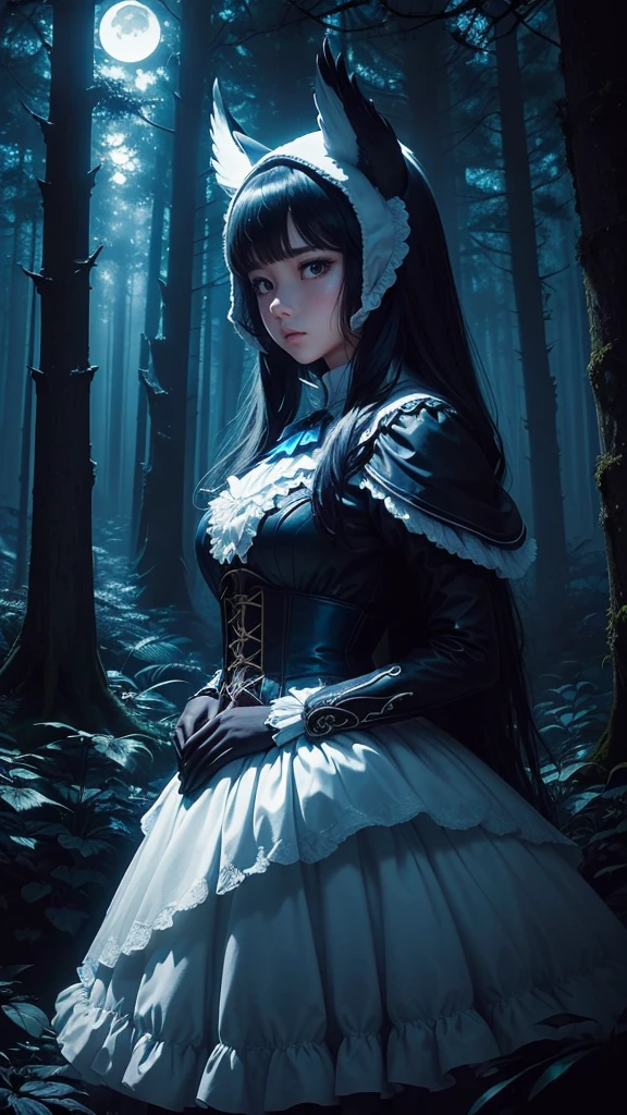 ((masterpiece)),((Highest quality)),((Lots of details)),((Realistic feel)), (()), Pitch Black, night, Deep in the forest, Moonlight shines, Surreal, ((Cool blue shade)), Beautiful and cool girl silhouette, A fluffy costume like a white owl, Sharp focus, High Sky, Dim and dim, No sound, High Contrast