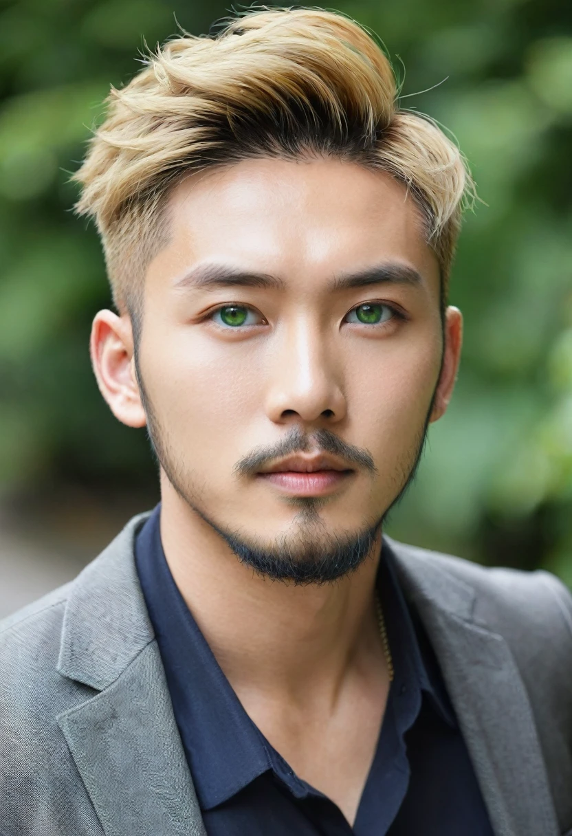 Handsome guy, British mix Japanese, wasian, europian, short hair, dark blonde hair, undercut, green eyes, short beard, 30 years old