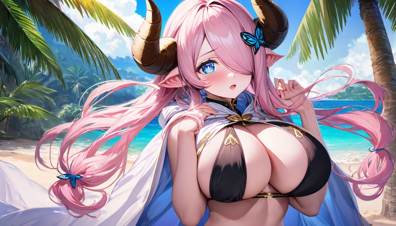 Vibrant, high-definition anime-style illustration set on a tropical beach. The layout features a central female character, Narmaya, with long pink hair, partially covered by a hooded cloak adorned with brown horns. She has fair skin, large expressive blue eyes and pink pupils, and a small blue butterfly hair clip. One eye is covered by her hair. The character is wearing a revealing black bikini with gold accents, and her hands are holding the edges of her cloak. The background showcases a pristine beach with white sand, lush green foliage, and tall palm trees. The clear blue sky and turquoise ocean complete the idyllic setting, with distant islands visible on the horizon. Narmaya and her attire are meticulously detailed. The intense effort put into shading brings this image to a realistic style. Gorgeous vibrant colors draw the eye. Narmaya's suggestive stance brings the viewers focus to her large and perfectly shaped breasts. (masterpiece), best quality, expressive eyes, perfect face, suggestive pose, purple and pink background, seductive, fantasy, 8k, absurdres, narmaya, pink hair, blue eye with pink pupil, hair over eye, draph, horns, butterfly hair clip, black bikini, hood, defined hands, perfect hands, perfect fingers,