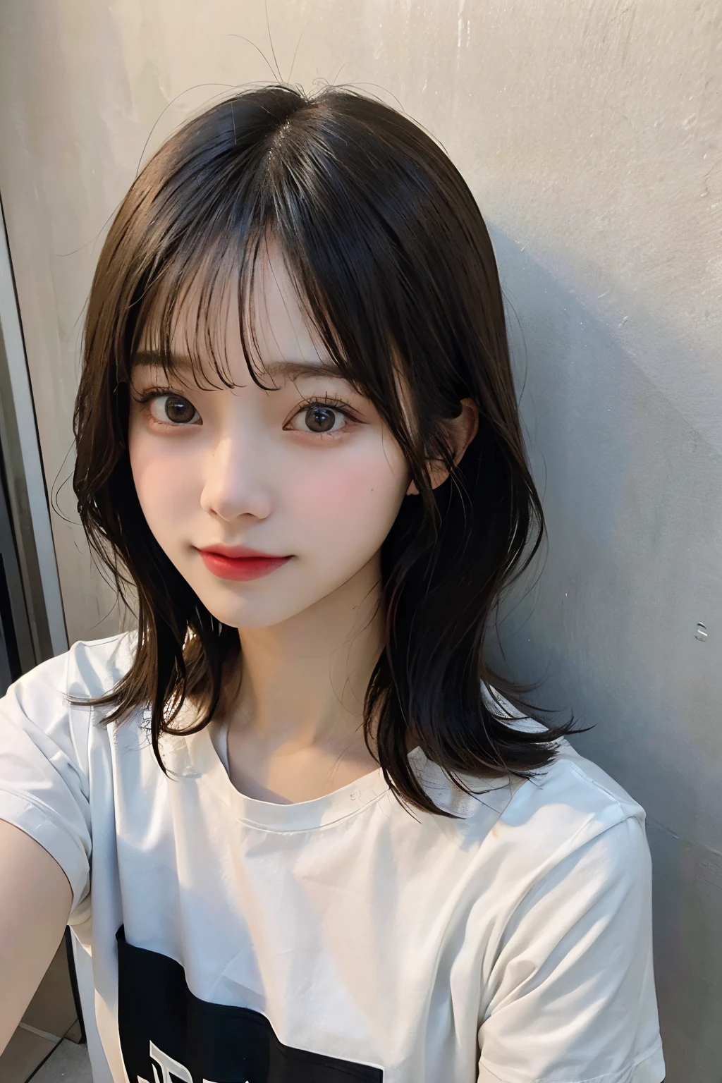 ((best quality)), ((masterpiece)), (detailed), perfect face. Asian girl. Selfie. Blank T-shirt. Wall.