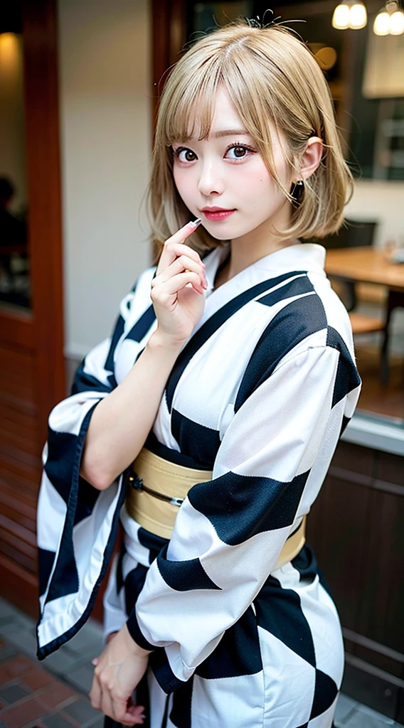 (8K, Raw photo:1.2), Detailed face and eyes,Best Quality, 超A high resolution, Highly detailed ,intricate detailes ,masutepiece ,Cute Girl , Soft cinematic light, Hyper-detailing,Sharp Focus, High quality, Blonde hair, bob cuts, Yukata