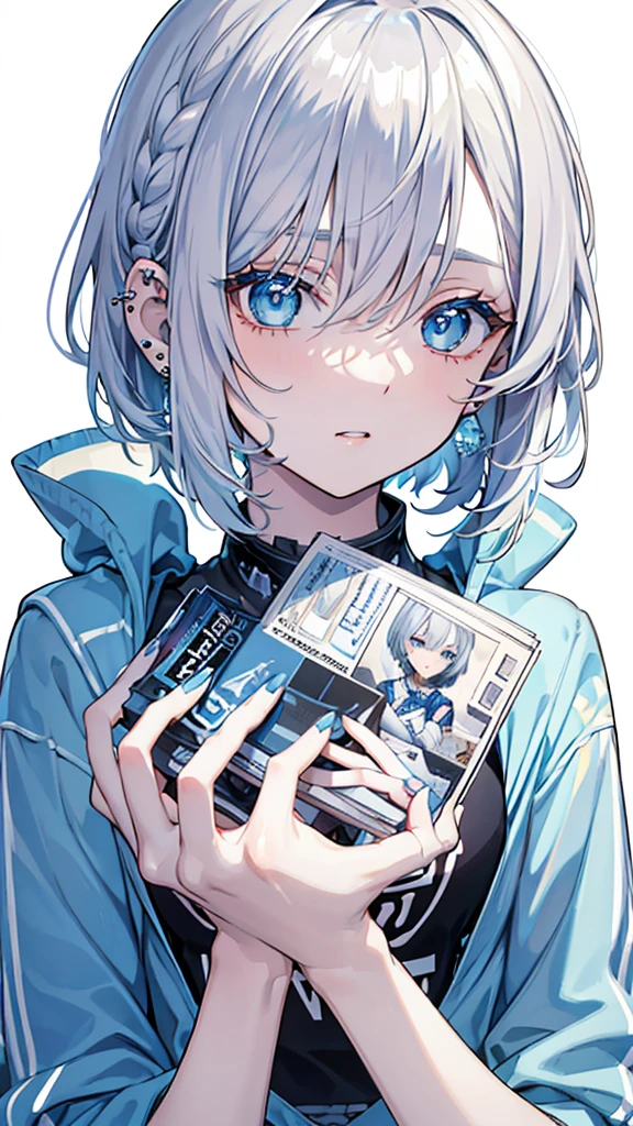 8K,high resolution,The background is a magazine,(Pop font)One beautiful girl,Beautiful silver hair,Many piercings,Drooping eyes,Beautiful blue eyes,Beautiful eyes like diamonds,short hair,Light blue inner color,modern clothing,Cute clothes,White background,Detailed hands,nail,makeup,A slightly light touch,Rough,
