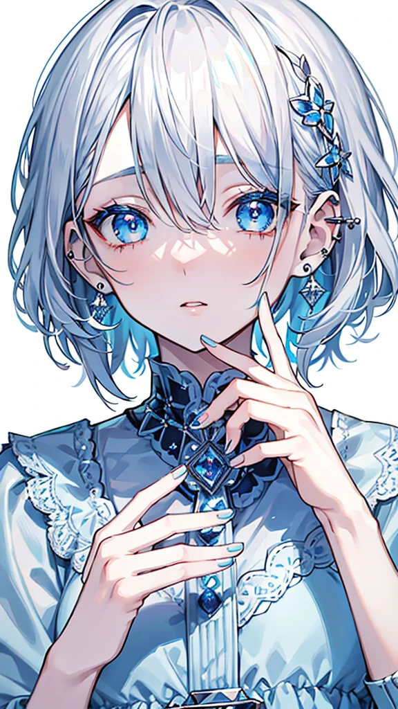 8K,high resolution,The background is a magazine,(Pop font)One beautiful girl,Beautiful silver hair,Many piercings,Drooping eyes,Beautiful blue eyes,Beautiful eyes like diamonds,short hair,Light blue inner color,modern clothing,Cute clothes,White background,Detailed hands,nail,makeup,A slightly light touch,Rough,