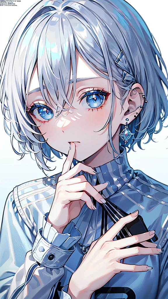 8K,high resolution,The background is a magazine,(Pop font)One beautiful girl,Beautiful silver hair,Many piercings,Drooping eyes,Beautiful blue eyes,Beautiful eyes like diamonds,short hair,Light blue inner color,modern clothing,Cute clothes,White background,Detailed hands,nail,makeup,A slightly light touch,Rough,