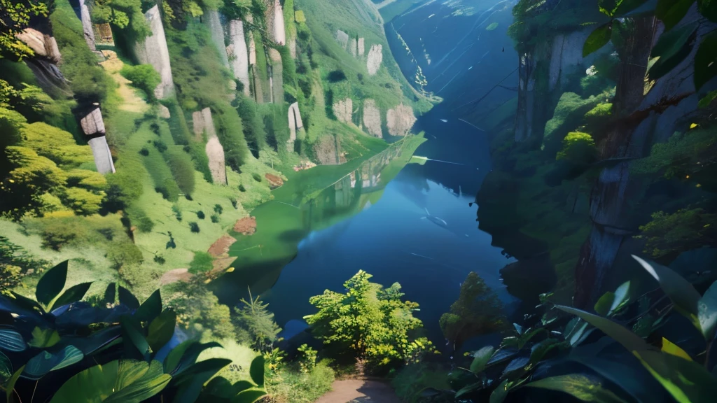 (birds eye view:1.5), nature, with wildflowers blooming around it, and lush greenery, located in a secluded forest glade. Soft light filtering through dense canopy, peaceful and abandoned. Anime nature, peaceful vibes, highly detailed, hd quality, natural look, high definition, intrinsic detail, beautiful deep rich colors