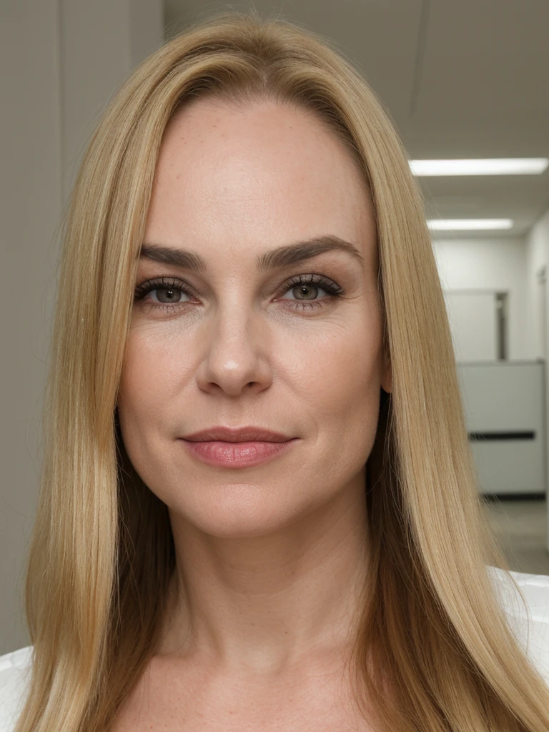 1 girl, (((Gretchen Barretto))), photorealistic photo of Gretchen Barretto, photo of a Swedish woman, (((full lips and wide forehead))), middle age, (((Blonde long straight hair))), (((50-year-old woman))), body of 45-year-old woman, (((wrinkles on her face and body))), doll face pose: standing, wearing a sexy elegant office outfit, BACKGROUND: indoor: office hallway