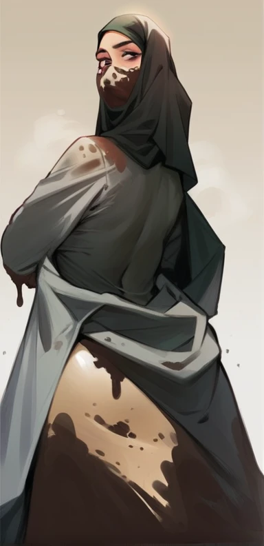 realistic face features, realistic body proportions, 1 girl, hijab veil, tight black dress, back view, mud on dress, (((mud dripping from dress))), mud stain on dress, ((dirty dress)),