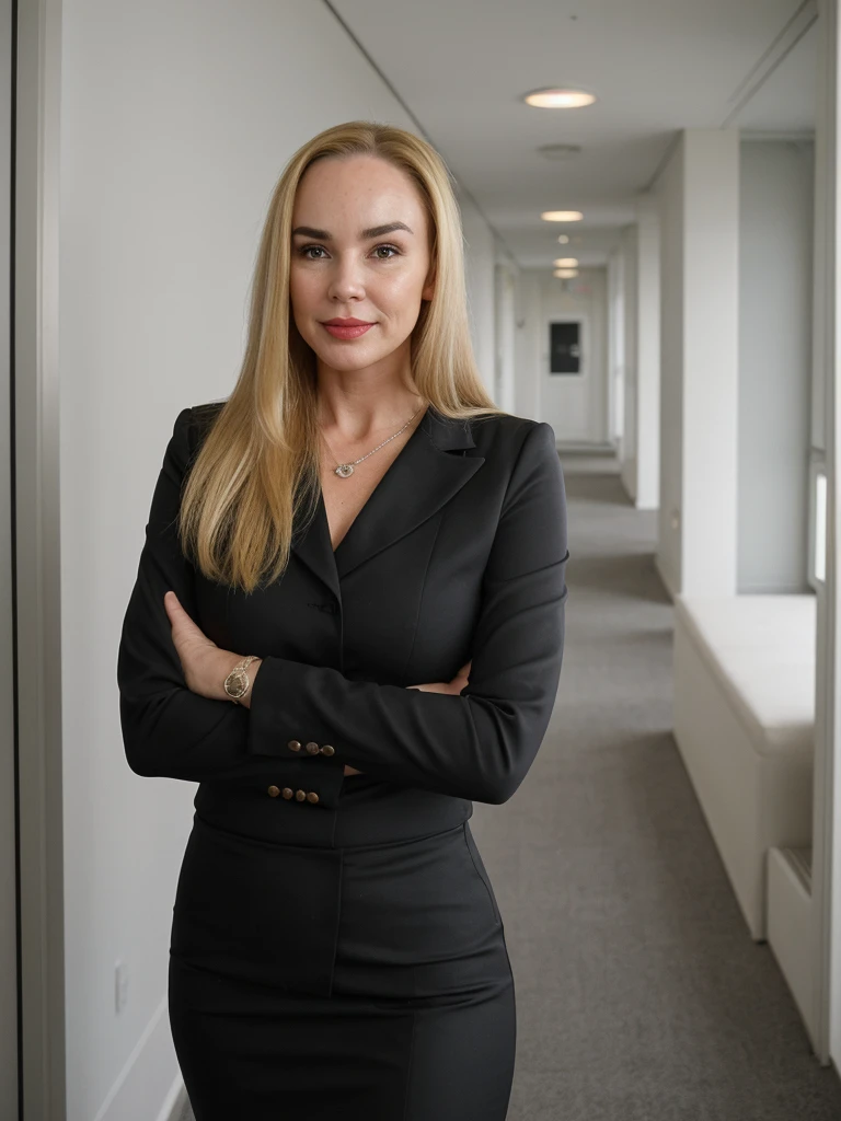 1 girl, (((Gretchen Barretto))), photorealistic photo of Gretchen Barretto, photo of a Swedish woman, (((full lips and wide forehead))), middle age, (((Blonde long straight hair))), (((50-year-old woman))), body of 45-year-old woman, (((wrinkles on her face and body))), doll face pose: standing, wearing a sexy elegant office outfit, BACKGROUND: indoor: office hallway