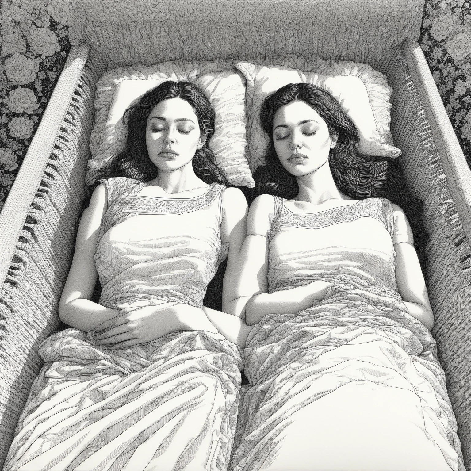 a drawing of two women laying in a bed with a crib, sketch of a lucid dream, inspired by Apollonia Saintclair, by Apollonia Saintclair, asleep, girls resting, death dreaming about death, art in the style of terry moore, humans sleeping in healing pods, sleeping, illustration in pen and ink, sleep, dead bodies in the background
