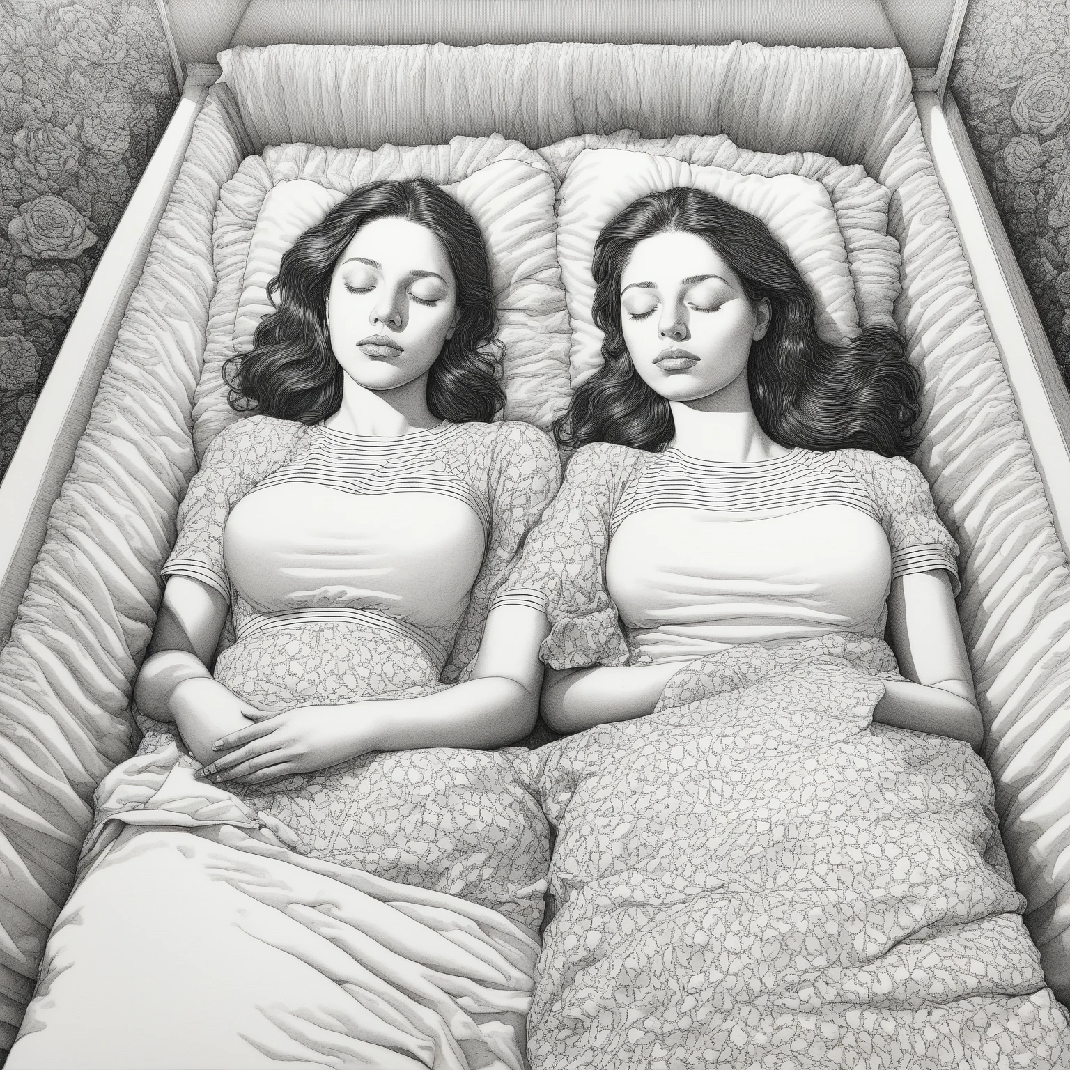 a drawing of two women laying in a bed with a crib, sketch of a lucid dream, inspired by Apollonia Saintclair, by Apollonia Saintclair, asleep, girls resting, death dreaming about death, art in the style of terry moore, humans sleeping in healing pods, sleeping, illustration in pen and ink, sleep, dead bodies in the background