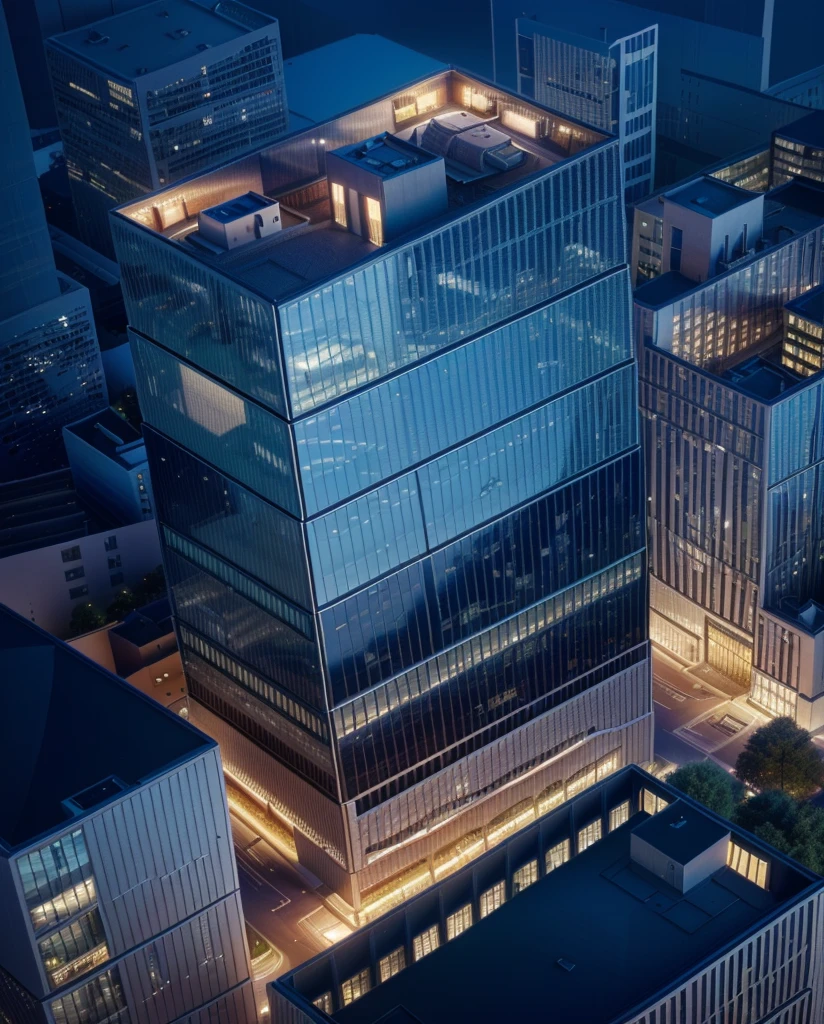 Office building at night with bright sky,Alafud View,High-rise office building illuminated at night, full building, Surrealism, Vincent Callebaut, Vincent Callebaut composition, Architectural renderings, Aerial View, detailed picture,Architectural Visualization,masterpiece,High Detail,HD resolution,8K,