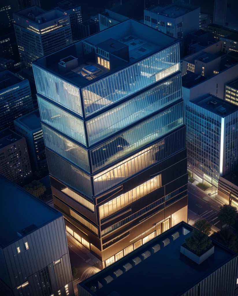 Office building at night with bright sky,Alafud View,High-rise office building illuminated at night, full building, Surrealism, Vincent Callebaut, Vincent Callebaut composition, Architectural renderings, Aerial View, detailed picture,Architectural Visualization,masterpiece,High Detail,HD resolution,8K,
