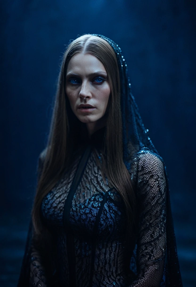 Fashionable of androgynous alien looking witch wearing veil, glowing eyes, beautiful evil slavic muscular woman, pale skin, long dark blond hair, futuristic design, minimal details, givenchy, photoreal, 200mm, hd, f/ 2.0, highly detailed, surreal , drop dead, in the style of red and blue, (intricate details, hyperdetailed:1.15) (skin texture:1.2), cinematic, professional, 4k, (((dynamic model pose))), sitting, full body, mesmerizing, dynamic, dramatic, sensual, dynamic pose, highly detailed skin with hair, subcutaneous veins, light and shadow play, highly detailed,24mm photograph, film, bokeh, professional, 4k,