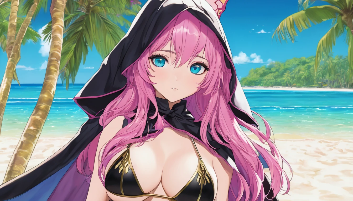 Vibrant, high-definition anime-style illustration set on a tropical beach. The layout features a central female character, Narmaya, with long pink hair, partially covered by a hooded cloak adorned with brown horns. She has fair skin, large expressive blue eyes and pink pupils, and a small blue butterfly hair clip. One eye is covered by her hair. The character is wearing a revealing black bikini with gold accents, and her hands are holding the edges of her cloak. The background showcases a pristine beach with white sand, lush green foliage, and tall palm trees. The clear blue sky and turquoise ocean complete the idyllic setting, with distant islands visible on the horizon. Narmaya and her attire are meticulously detailed. The intense effort put into shading brings this image to a realistic style. Gorgeous vibrant colors draw the eye. Narmaya's suggestive stance brings the viewers focus to her large and perfectly shaped breasts. (masterpiece), best quality, expressive eyes, perfect face, suggestive pose, purple and pink background, seductive, fantasy, 8k, absurdres, narmaya, pink hair, blue eye with pink pupil, hair over eye, draph, horns, butterfly hair clip, black bikini, hood, defined hands, perfect hands, perfect fingers,