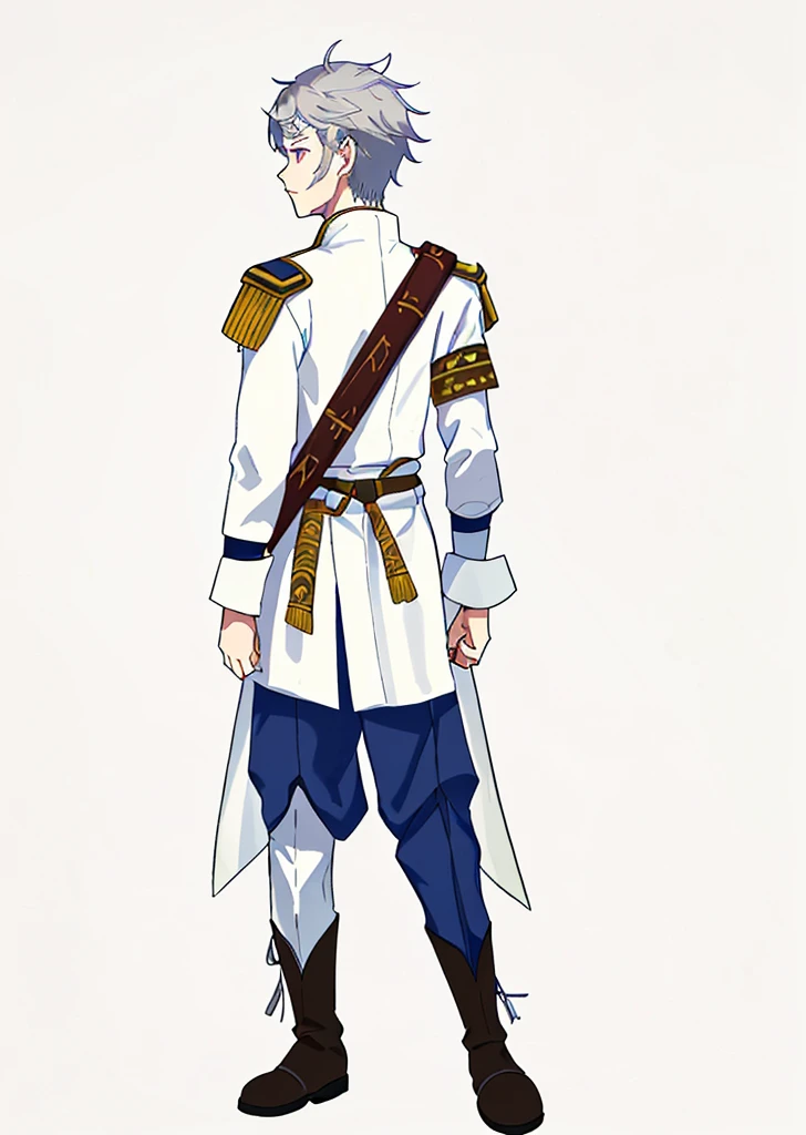 1boy, gray hair, white skin, wears a white uniform, the back of the uniform extends to the knees, wears a shoulder protector on the right and is brown in color, the uniform is long sleeved, has stripes on the right sleeve of the uniform, and has a tribal protector on the sleeve left, his trousers are blue, he wears black boots, he carries a sword on his back using a strap looped from his left shoulder.