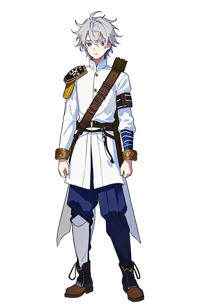 1boy, gray hair, white skin, wears a white uniform, the back of the uniform extends to the knees, wears a shoulder protector on the right and is brown in color, the uniform is long sleeved, has stripes on the right sleeve of the uniform, and has a tribal protector on the sleeve left, his trousers are blue, he wears black boots, he carries a sword on his back using a strap looped from his left shoulder.