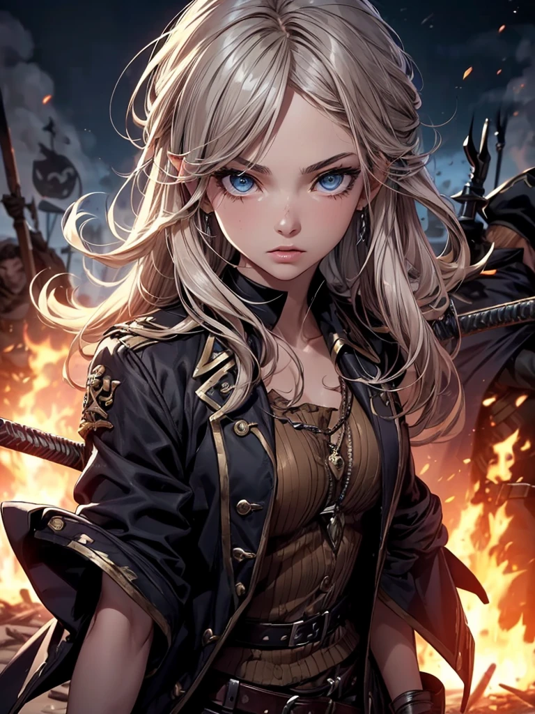 (Ultra quality:1.2), (Ultra detailed:1.2), (Ultra detailed clothes:1.2), (Ultra detailed face:1.2), (Ultra detailed eyes:1.2), (Ultra detailed body:1.2), (Ultra detailed weapons:1.2), young pirate girls, torn clothes, different hair colors, sword fights, battlefield in the background, fire in the background, night sultry look, seductive,