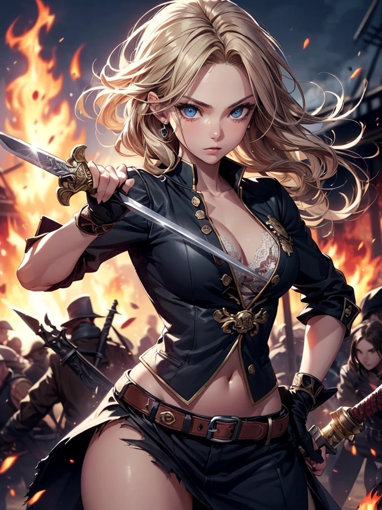 (Ultra quality:1.2), (Ultra detailed:1.2), (Ultra detailed clothes:1.2), (Ultra detailed face:1.2), (Ultra detailed eyes:1.2), (Ultra detailed body:1.2), (Ultra detailed weapons:1.2), young pirate girls, torn clothes, different hair colors, sword fights, battlefield in the background, fire in the background, night sultry look, seductive,
