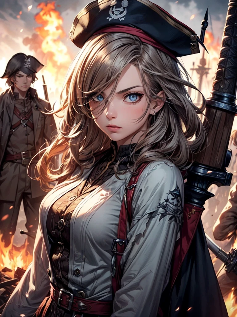 (Ultra quality:1.2), (Ultra detailed:1.2), (Ultra detailed clothes:1.2), (Ultra detailed face:1.2), (Ultra detailed eyes:1.2), (Ultra detailed body:1.2), (Ultra detailed weapons:1.2), young pirate girls, torn clothes, different hair colors, sword fights, battlefield in the background, fire in the background, night sultry look, seductive,