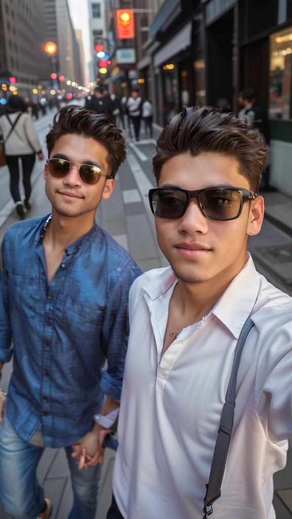 they are two men walking down the street holding hands, candid picture, with accurate face, selfie photography, in city street, cute boys, with lovely look, taken with sony alpha 9, photo taken with canon 5d, shot on nikon z9, selfie photo, very artistic pose, taken with the best dlsr camera, candid photography, stylish pose, casual photography