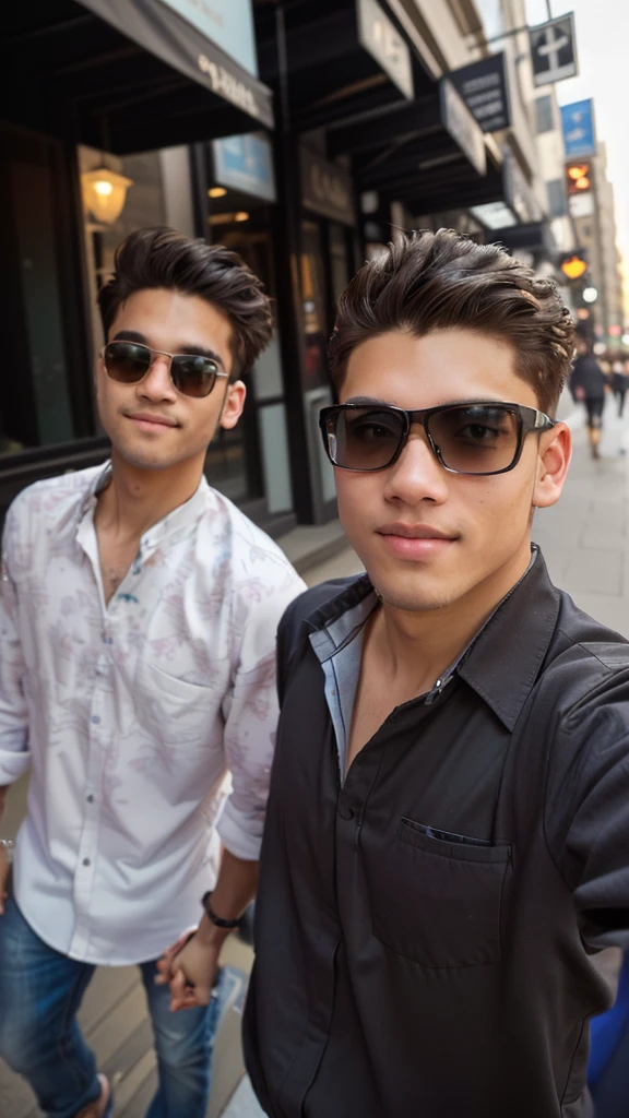 they are two men walking down the street holding hands, candid picture, with accurate face, selfie photography, in city street, cute boys, with lovely look, taken with sony alpha 9, photo taken with canon 5d, shot on nikon z9, selfie photo, very artistic pose, taken with the best dlsr camera, candid photography, stylish pose, casual photography