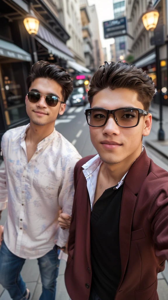 they are two men walking down the street holding hands, candid picture, with accurate face, selfie photography, in city street, cute boys, with lovely look, taken with sony alpha 9, photo taken with canon 5d, shot on nikon z9, selfie photo, very artistic pose, taken with the best dlsr camera, candid photography, stylish pose, casual photography