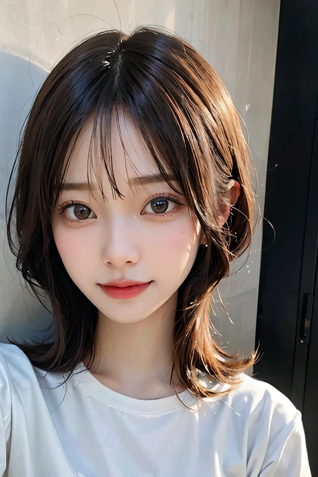 ((best quality)), ((masterpiece)), (detailed), perfect face. Asian girl. Selfie. Blank T-shirt. Wall.