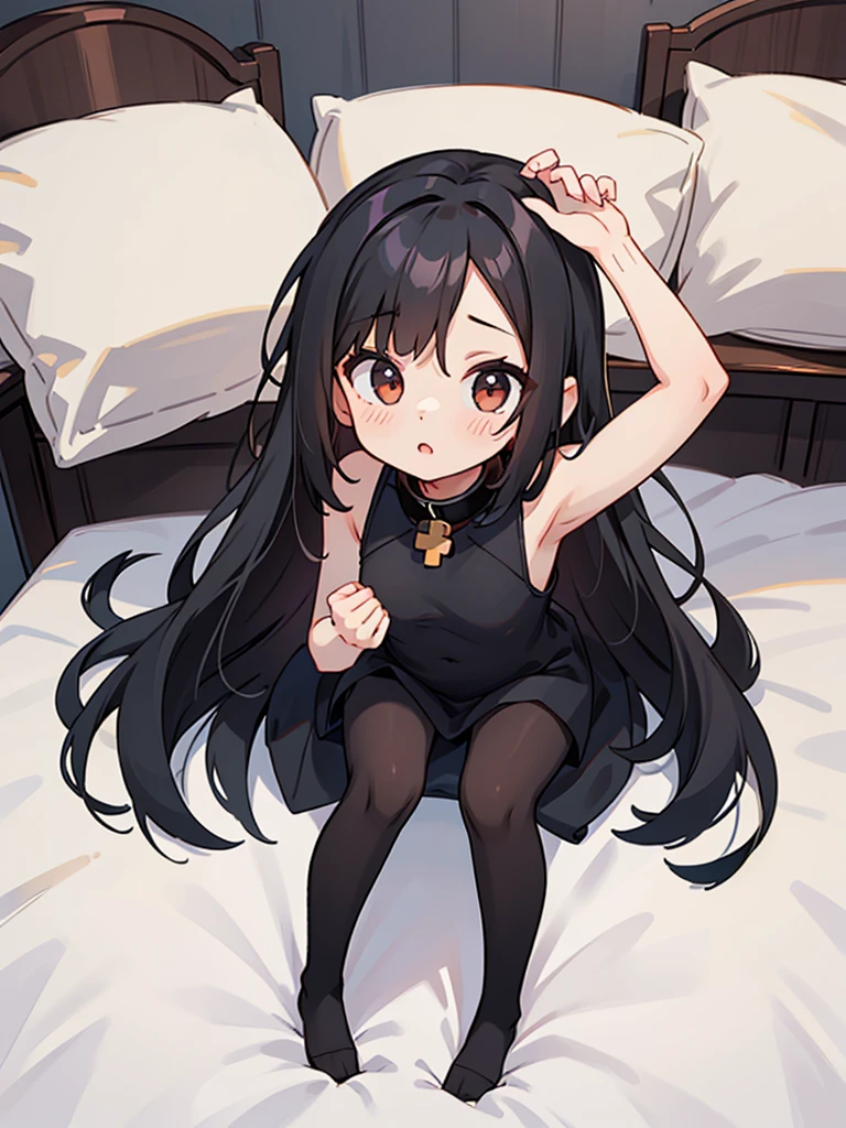 Correct human body structure,perfect,long black hair,((young cute girl)),((white sleeveless)),Full body pictures,Black pantyhose,collar,Small Breasts,bedroom,Cross your hands and raise them above your head