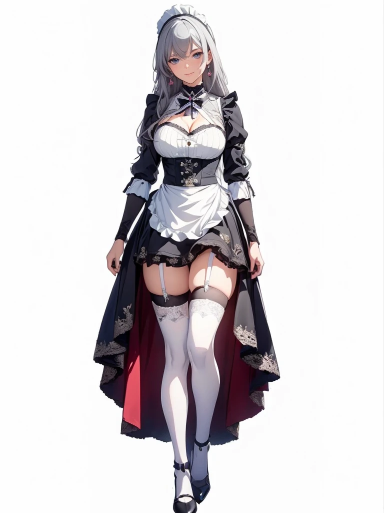 ((1girl, solo)), (((mature female))), beautiful body, (perfect ???????, perfect body, perfect hands, perfect legs), (five fingers:1.5), natural proportions, sexy body, large breasts, cowboy shot, (legs apart:1.3) ((full body, full body front)) BREAK 

((extremely detailed face)), (beautiful detailed eyes:1.6), (realistic pupils, realistic iris:1), expressive eyes, looking at viewer, (clear eyes:1.3), (hyperrealistic:1.2), (detailed skin texture:1.2), smooth skin, (grey hair:1.5), grey eyes, long hair, ((drill hair)), earrings, (detailed lips:1.2), (attractive lips:1.1), (glossy lips:1.1), ((grin)), parted lips, perfect face, perfect eyes BREAK

maid, ((maid outfit)), maid headdress, maid apron, frills, mini dress, ((cleavage cutout)), white  collar, bow, juliet sleeves, long sleeves, ((white wrist cuffs)), zettai ryouiki, thighs, (white thighhighs:1.5), black footwear, high heels BREAK

(masterpiece:1.5), anime-style, top quality, best quality, (beautiful and aesthetic:1.2), (ultra detail:1.5), Ultra-detailed depiction, Ultra-precise depiction, extremely detailed 8k illustration, high resolution, (highly detailed shading:1.2), (realistic lighting:1.4), perfect lighting, vibrant colors, dynamic tones, striking hues, 8k, absurd resolution, perfect shadows, hdr, UHD, ambient lighting, realistic, ultra-realistic, photo realistic, highly detailed, rich detail, luminous colors, fine texture, intricate design, professional illustration, (soft light:1.2), (illustration:0.7)