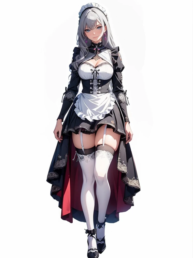 ((1girl, solo)), (((mature female))), beautiful body, (perfect anatomy, perfect body, perfect hands, perfect legs), (five fingers:1.5), natural proportions, sexy body, large breasts, cowboy shot, (legs apart:1.3) ((full body, full body front)) BREAK
((extremely detailed face)), (beautiful detailed eyes:1.6), (realistic pupils, realistic iris:1), expressive eyes, looking at viewer, (clear eyes:1.3), (hyperrealistic:1.2), (detailed skin texture:1.2), smooth skin, (grey hair:1.5), grey eyes, long hair, ((drill hair)), earrings, (detailed lips:1.2), (attractive lips:1.1), (glossy lips:1.1), ((grin)), parted lips, perfect face, perfect eyes BREAK
maid, ((maid outfit)), maid headdress, maid apron, frills, mini dress, ((cleavage cutout)), white collar, bow, juliet sleeves, long sleeves, ((white wrist cuffs)), zettai ryouiki, thighs, (white thighhighs:1.5), black footwear, high heels BREAK
(masterpiece:1.5), anime-style, top quality, best quality, (beautiful and aesthetic:1.2), (ultra detail:1.5), Ultra-detailed depiction, Ultra-precise depiction, extremely detailed 8k illustration, high resolution, (highly detailed shading:1.2), (realistic lighting:1.4), perfect lighting, vibrant colors, dynamic tones, striking hues, 8k, absurd resolution, perfect shadows, hdr, UHD, ambient lighting, realistic, ultra-realistic, photo realistic, highly detailed, rich detail, luminous colors, fine texture, intricate design, professional illustration, (soft light:1.2), (illustration:0.7)