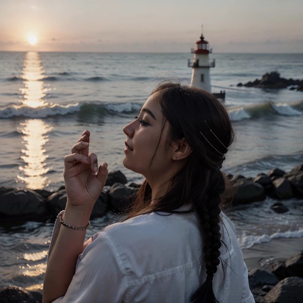 movie cinematic, 1 girl, Alone, little smile, beach, (the sun has set: 1.1), Rio_Kitagawa (idol engraving), Alone, star hair decoration, twin braids, Sparkling, from behind, looking back, the sun has set yang besar, floating red, uniform, night, waving, sea, 1 lighthouse, shallow depth of field, sketch, very detailed, high budget, bokeh, cinemascope, gloomy, epic, beautiful
