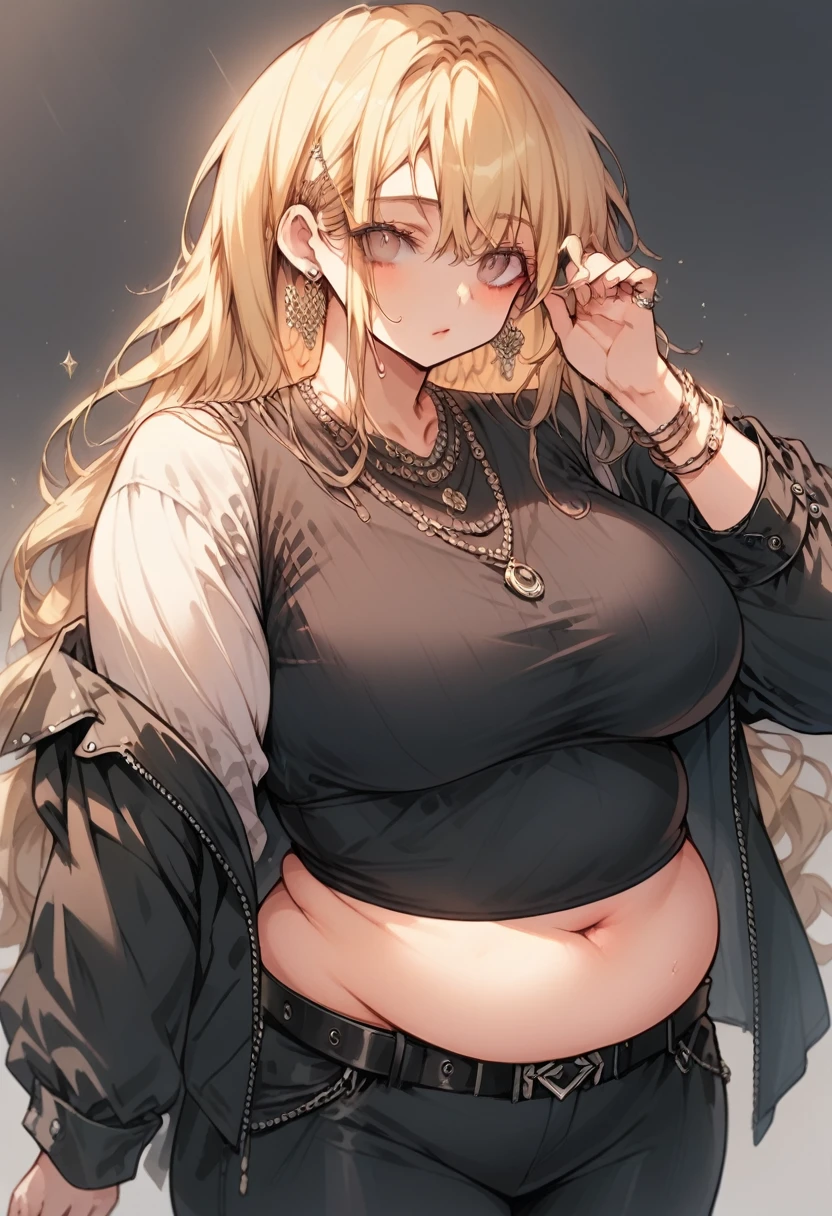 Curvy anime girl, overweight fat girl, pretty anime girl, beautiful chubby anime girl, big tummy, large breasts, wide hips, curvy butt, stomach rolls, stomach bump, fashionable, cool clothes, fun clothes, fashion, accessories, jacket, jewelry, bracelet, earrings, necklace, rings, accessories, belt, skirt, dress, pants, shirt, long shirt, low cut tshirt, baggy shirt, confident, cool fashionable girl, attractive, cool, hot woman, long straight blonde hair, long hair, blonde, light colored hair, straight hair, long hair, waist long hair